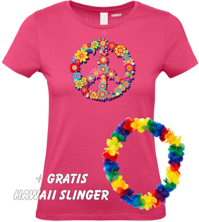 Dames T-shirt Peace Flowers | Love for all | Gay Pride | Regenboog LHBTI | Fuchsia dames | maat XS