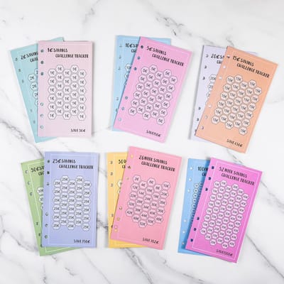 KZQ Set van 48 Spaaruitdagingkaarten, A6 Formaat Spaarboekje voor 6-Ringen Binders, Budgetplanner Vellen voor Enveloppensysteem, Financiële Tracker voor Geldbesparing, Contant Enveloppensysteem