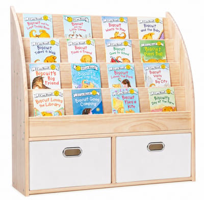 WonderMind Montessori Kinderboekenkast - 100% Massief Houten - W90×H95×D35cm - Boekenrek - Incl. 2 stuks Speelgoed Opbergkast - WW-B004