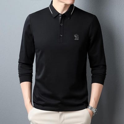 Heren T-shirt Herfst Nieuw Koreaanse Versie van Jeugd Losse Casual Effen Kleur Revers Katoen Lange Mouw T-shirt Heren 4XL black