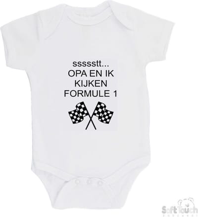 100% katoenen Romper "ssssstt Opa en ik kijken Formule 1" Unisex Katoen Wit/zwart Maat 62/68