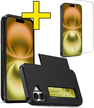 Hoesje Geschikt voor iPhone 16 Hoesje Case Pashouder Hard Cover Met Screenprotector - Hoes Geschikt voor iPhone 16 Hoesje Met Kaarthouder - Zwart