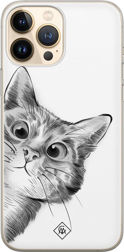 Casimoda® hoesje - Geschikt voor iPhone 13 Pro Max - Peekaboo - Siliconen/TPU telefoonhoesje - Backcover - Kat - Wit
