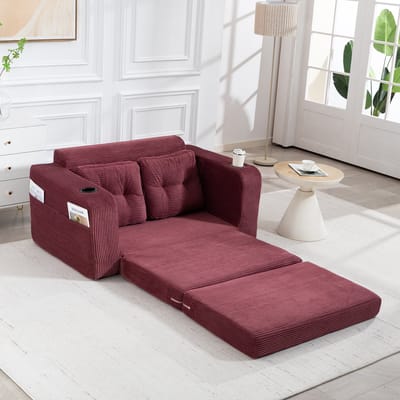 MODENUIT Sofa 136 x 80 x 82,5 cm - Modulair 2-Zits Met Bekerhouders En Zijvakken - Voor Studio - Ribstof - Wijnrood