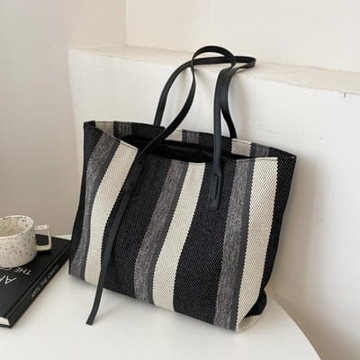 Dameshandtas Mode Grote Capaciteit Schoudertas Eenvoudig Verticale Strepen Casual Tote Bag 34.2*13.5*28.5cm zwart