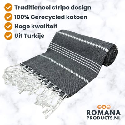 Romana Products Stripe Hamamdoek - Baddoek - Strandlaken - Saunalaken - 100cm x 180cm - Zwart