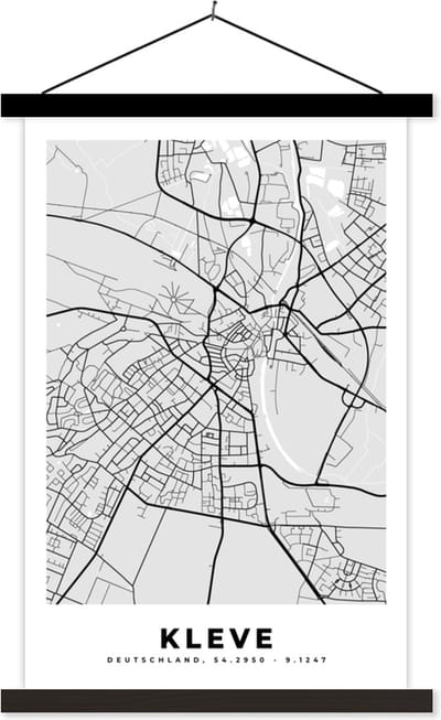 Posterhanger incl. Poster 40x60 cm - Schoolplaat - Duitsland - Kleve - Kaart - Stadskaart - Plattegrond - Textielposter - Zwarte latten - Stadskaart