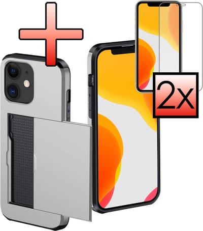 Hoes Geschikt voor iPhone 11 Hoesje Pasjeshouder Hard Cover Met 2x Screenprotector Shock Proof Hard Case Hoes Met Kaarthouder - Grijs