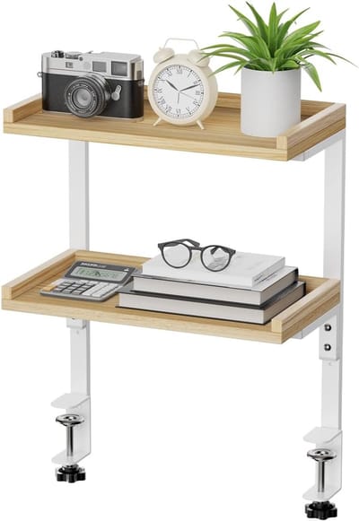 Bureauplank met 2 niveaus - Houten opbergrek - Kantoor ordenen - Stabiel frameontwerp - 31.8x16.7x42.8 cm - Bruin
