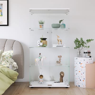 Glazen vitrine met 4 lagen, stofdichte vitrine voor speelgoedfiguren en verzamelobjecten, volledig doorzichtige glazen figurenkast, verzamelobjectenkast, staande vloervitrine, vlekbestendig, 31,7 x 14,3 x 64,7 inch, voor woonkamer, kantoor