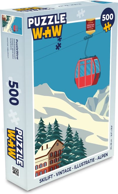 Puzzel Skilift - Vintage - Illustratie - Alpen - Legpuzzel - Puzzel 500 stukjes