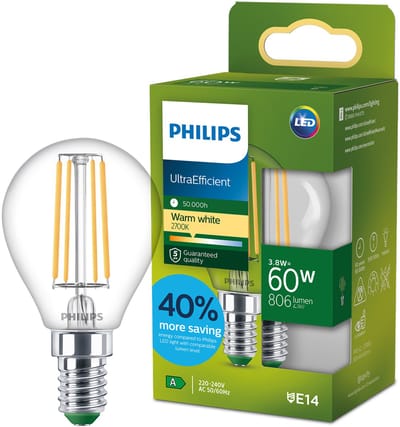 Philips UltraEfficient LED lamp - 60W - E27 fitting - Warmwit licht: 2700K - Helder glas - P45 kogellamp - Lange levensduur
