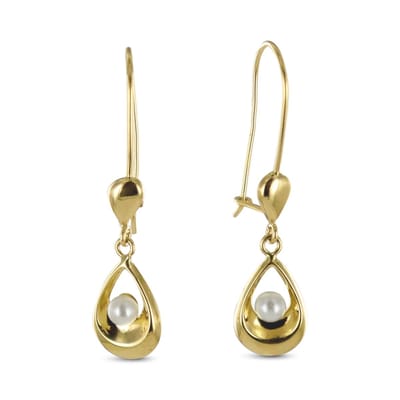 New Bling 9NBG-0455 Gouden Oorhanger - Dames - Druppel met Parel - 10 x 6,5 mm - Totale Lengte 27,5 mm - 14 Karaat - Goud