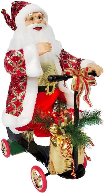Kerstman met scooter - Bewegende kerstdecoratie - Huis versieren - Handbeschilderd design - 70 x 25 x 45 cm - Rood