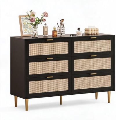 Moderne Ladenkast met 6 Laden - Rotan Commode met Gouden Poten en Handgrepen - Zwart en Naturel - 108 x 40.5 x 75 cm