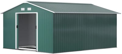 Tuinschuur - 386x340x200 cm - 12,4m³ - Gegalvaniseerd Staal - Tuinhuisje - Gereedschapsschuur - Opslagruimte Tuin - Tuingereedschap Bewaren - Buitenschuren - Fietsenberging - Tuinhuis met Ventilatiesleuven en Schuifdeur - Donkergroen
