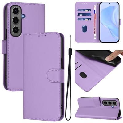 Telefoonhoesje van effen leer met een soepele textuur en draagkoord voor Samsung Galaxy S24+ 5G (lavendelpaars)