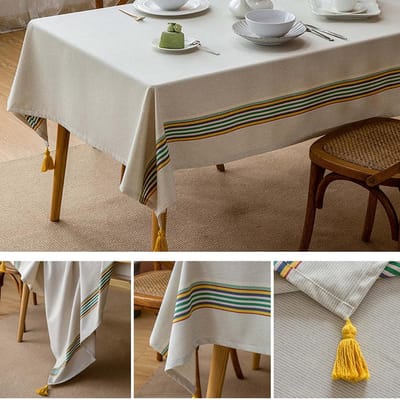 Tafelkleed met kwastjes - Decoratief kleed - Tafeldecoratie - Katoen linnen stof - 140x260 cm - Naturel
