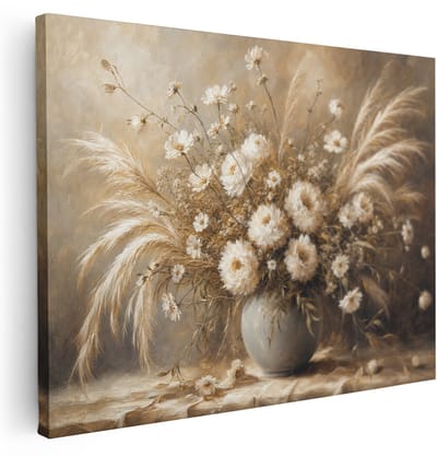 Artaza Canvas Schilderij Bloemen Vaas - Beige Stilleven In Zachte Natureltinten - 120x90 cm - Groot - Wanddecoratie Woonkamer - Schilderijen - Muurdecoratie