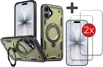 Hoesje Geschikt voor iPhone 17 met 2 Stuks gehard glas Screenprotector - Armor hoes met Ringhouder - Arara backcover - Groen