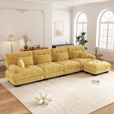 4-Zits Bank, L-Bank, Modulaire Hoekbank, L-vormige Bankstel voor de Woonkamer, Comfortabele 4-zitsbank met Verplaatsbare Poef, Doe-het-zelf Combinatie, Chenille-geel
