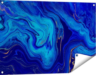 Gards Tuinposter Abstracte Kunst - Blauw met Gouden Verf - 90x60 cm - Tuindoek - Tuindecoratie - Wanddecoratie buiten - Tuinschilderij