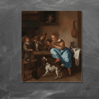 Wanddecoratie / Schilderij / Poster / Doek / Schilderstuk / Muurdecoratie / Fotokunst / Tafereel Kinderen leren een poes dansen - bekend als ‘De dansles’ - Jan Havicksz. Steen gedrukt op Geborsteld aluminium