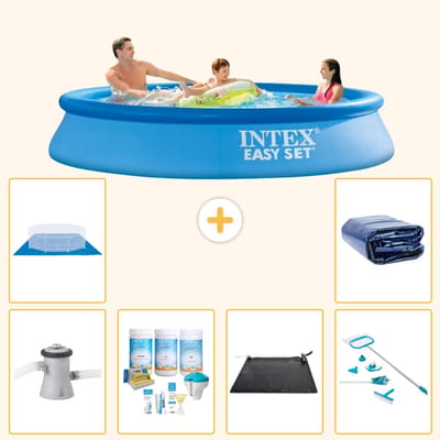 Intex Rond Opblaasbaar Easy Set Zwembad - 305 x 61 cm - Blauw - Inclusief Pomp - Onderhoudspakket - Solar Mat - Schoonmaakset - Grondzeil - Solarzeil - 7-delig