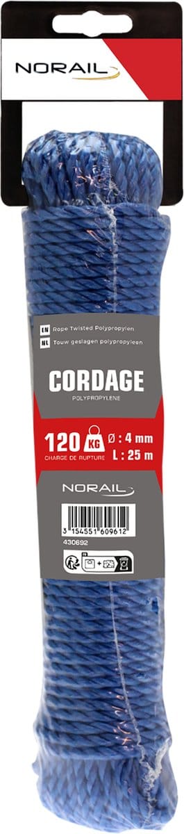 NORAIL Touw geslagen polypropyleen 4 mm, 25 m, blauw