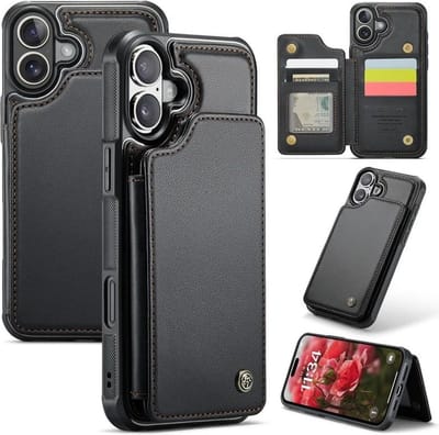 Luxe Portemonnee Backcover met Anti-RFID kaarthouders voor iPhone 16 Plus _ Zwart