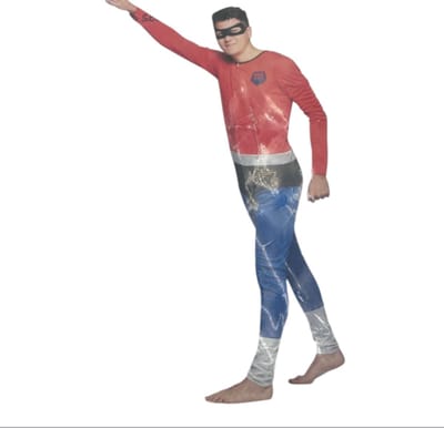 Kinky Superhero Kostuum – Strak Blauw/Rood Superheldenpak met Zwarte Cape & Masker – Maat M