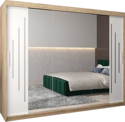 InspireMe - Kledingkast met 3 schuifdeuren, Modern-stijl, Een kledingkast met planken en een spiegel (BxHxD): 250x200x62 - MALTESE II 250 Sonoma Eik + Wit Mat