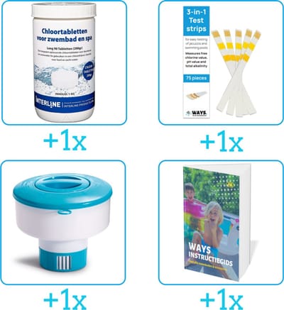 Zwembad Onderhoudspakket - Onderhoud Zwembad - bevat Chloor - Testrips - Chloordrijver en Zwembadgids (4-delig)