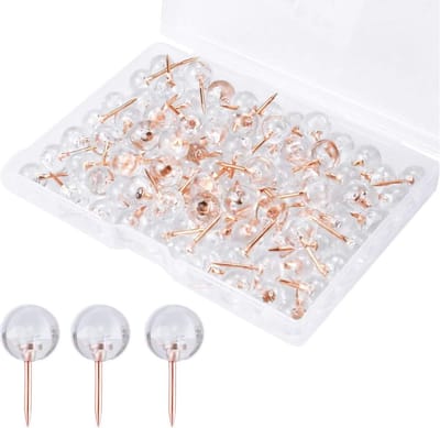 Duidelijke en Decoratieve Duimspijkers voor Mededelingenborden - 100 Stuks Transparante en Roze Gouden Korte Pins met Opbergdoos, Ideaal voor Kantoor, School en Creatieve Projecten