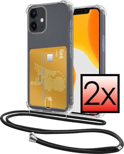 Hoes Geschikt voor Apple iPhone 12 Hoesje Pasjeshouder Cover Met Koord Shock Proof Case Siliconen Hoes Met Telefoonkoord en Kaarthouder - Transparant - 2 PACK