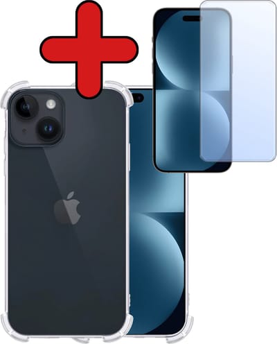 Hoesje - Met Screenprotector - Geschikt voor Apple iPhone 15 - Sterk & Shockproof - Back Cover - Siliconen Case - Telefoon Hoes - Shock Proof - Telefoonhoes - Transparant