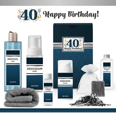 Geschenkset “40 Jaar Happy Birthday!” - 7 producten - 850 gram | Giftset voor hem - Luxe wellness cadeaubox - Cadeau man Verjaardag - Gefeliciteerd Veertig jaar Feestje - Gift Set Party - Cadeaupakket Deluxe - Collega - Verjaardagscadeau - Blauw