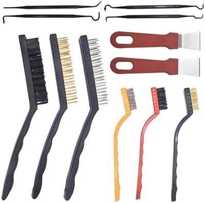 Kleine set draadborstels met 3 nylon en koperen borstels, 2 reinigingsschrapers en 4 dubbele haken voor effectief schoonmaken