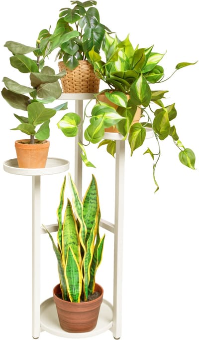 QUVIO Plantenrek - Plantenstandaard - Plantentafel - Plantentrap - Etagere - Zuil - 4 lagen - Metaal - Beige