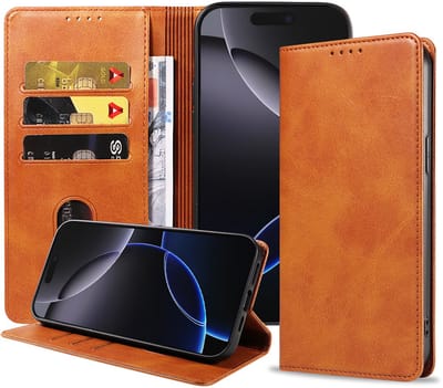 Smartphonica Telefoonhoesje Geschikt voor iPhone 16 Pro Kunstleer met Magnetische sluiting en Pasjeshouder Bookcase met Klepje - Bruin geschikt voor iPhone 16 Pro