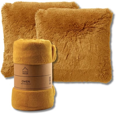 Dutch Decor - VOORDEELSET - 3-delig - Fluffy & Owen - 2 sierkussens 45x45 cm - 1 plaid 130x160 cm - geel