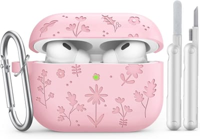 Schattige bloemen gegraveerde hoes voor AirPods Pro 3 met reinigingskit, siliconen schokbestendige bescherming en sleutelhanger, roze