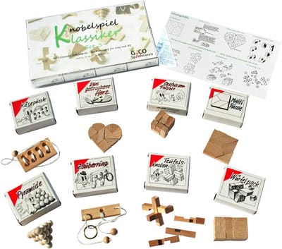 Set van 8 Klassieke Houten Puzzels en Behendigheidsspelletjes - Cadeauset Inclusief Oplossingen