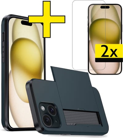 Hoesje Geschikt voor iPhone 15 Hoesje Case Pashouder Hard Cover Met 2x Screenprotector - Hoes Geschikt voor iPhone 15 Hoesje Met Kaarthouder - Donkerblauw