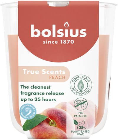 6 stuks Bolsius geurglas perzik - peach geurkaarsen 80/73 (25 uur) True Scents