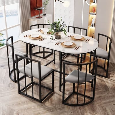 MODFU - Eettafelset - Met 6 Stoelen En Rugleuningen - Modern - Voor De Eethoek - MDF, IJzer En Velours - Wit, Zwart En Grijs