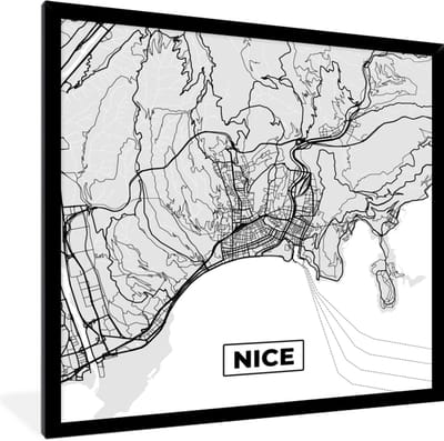 Fotolijst incl. Poster - Frankrijk - Plattegrond - Kaart - Nice - Stadskaart - 40x40 cm - Posterlijst