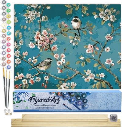 Figured'Art Schilderen op Nummer Volwassenen canvas Bloemen en vogels aquarel - Handwerk acrylverf Kit DIY Compleet - 40x50cm met DIY houten lijst