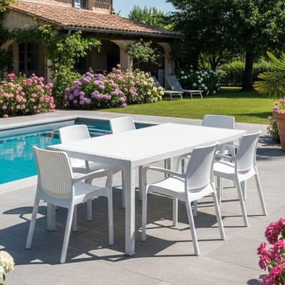 Uittrekbare tuintafel - Eettafel set - Buiten dineren - Rotan-look kunststof - 150-220cm open - Wit
