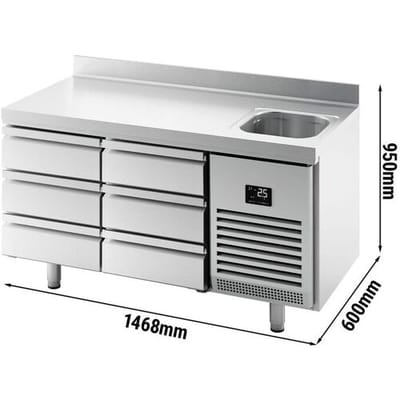 GGM Gastro Kühltisch Premium PLUS - 1468x600mm - mit 1 Becken, 6 Schubladen - Aufkantung